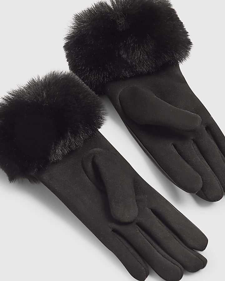 Girls Black Faux Leather Gloves