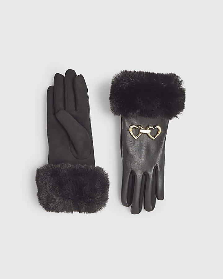 Girls Black Faux Leather Gloves