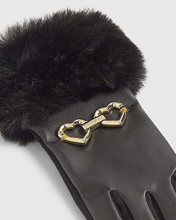 Girls Black Faux Leather Gloves