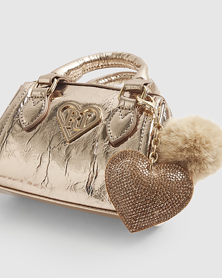 Girls Gold Mini Bowler Bag And Card Holder