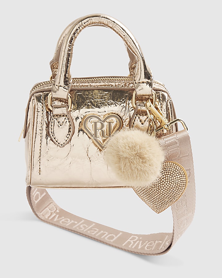 Girls Gold Mini Bowler Bag And Card Holder