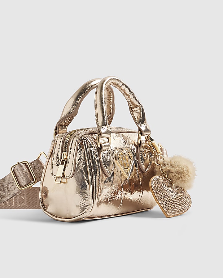 Girls Gold Mini Bowler Bag And Card Holder