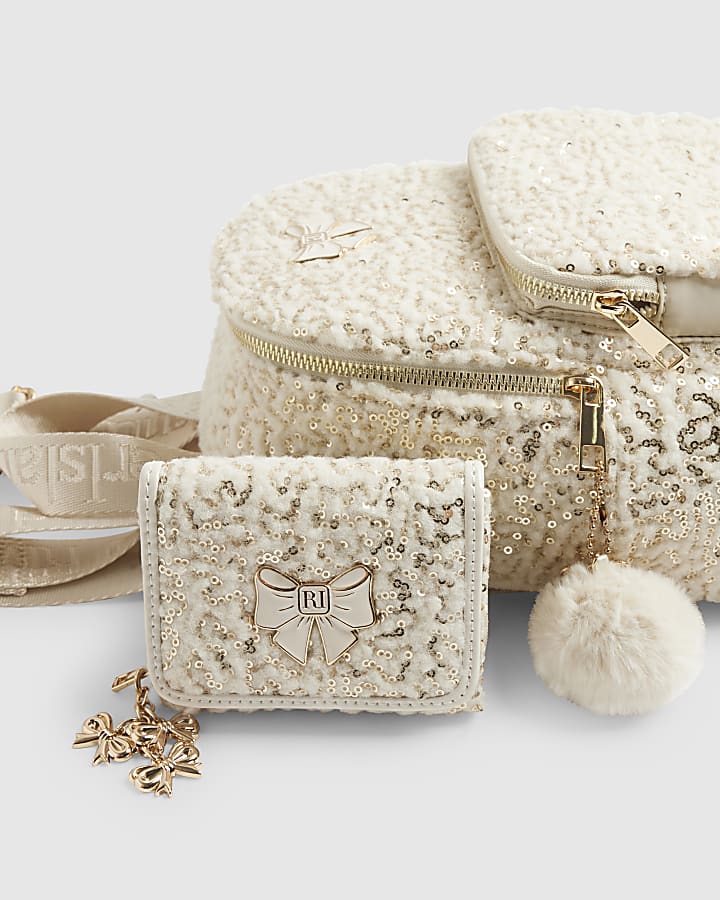 Girls Cream Borg Backpack Purse Bundle