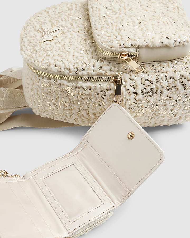 Girls Cream Borg Backpack Purse Bundle