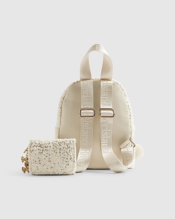 Girls Cream Borg Backpack Purse Bundle