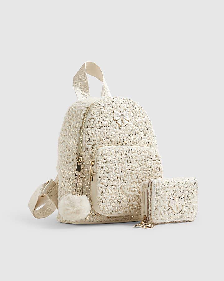 Girls Cream Borg Backpack Purse Bundle