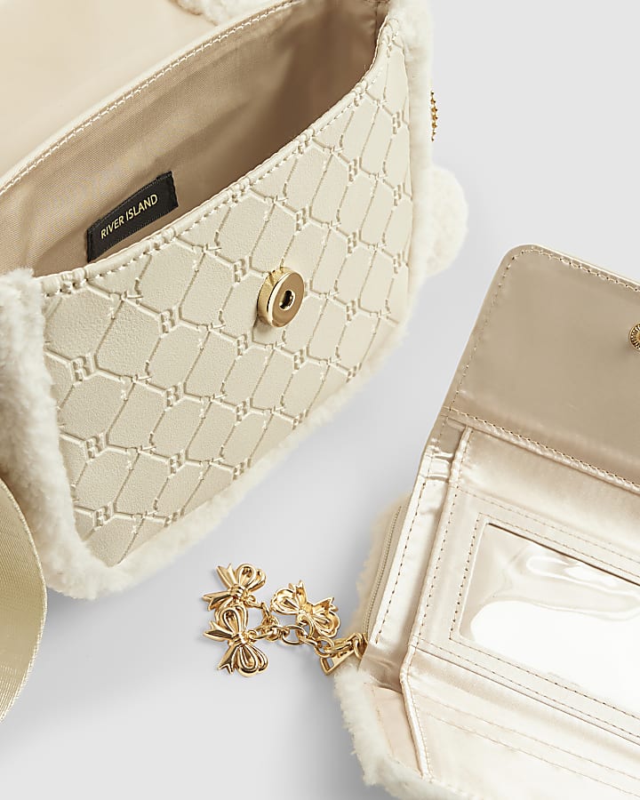 Girls Cream Borg Satchel Purse Bundle