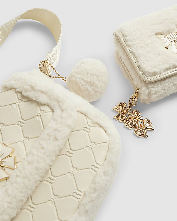 Girls Cream Borg Satchel Purse Bundle
