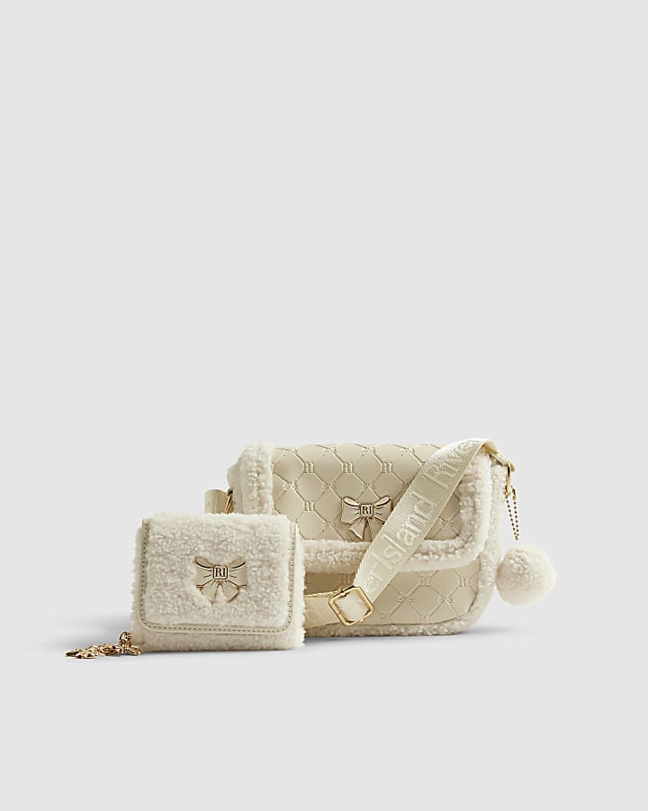 Girls Cream Borg Satchel Purse Bundle