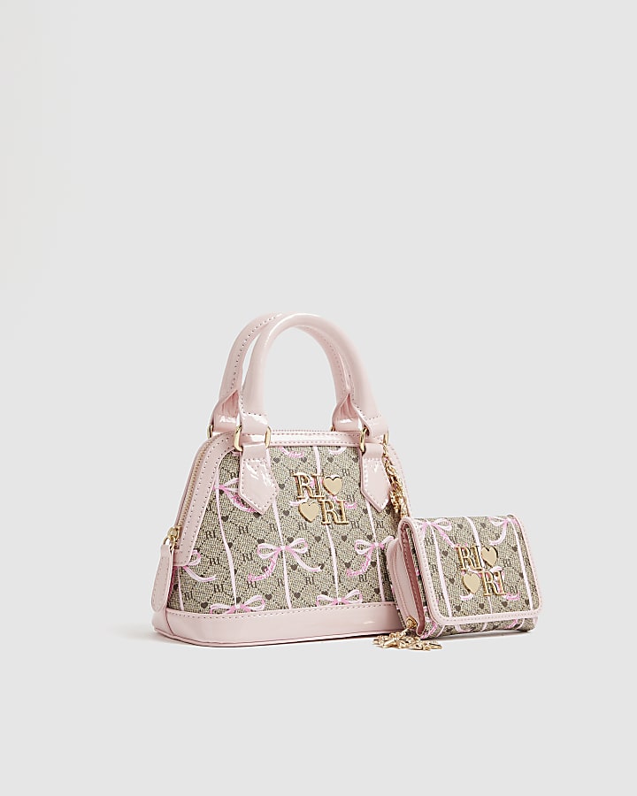 Girls Brown Monogram Bow Bag and Purse Bundle
