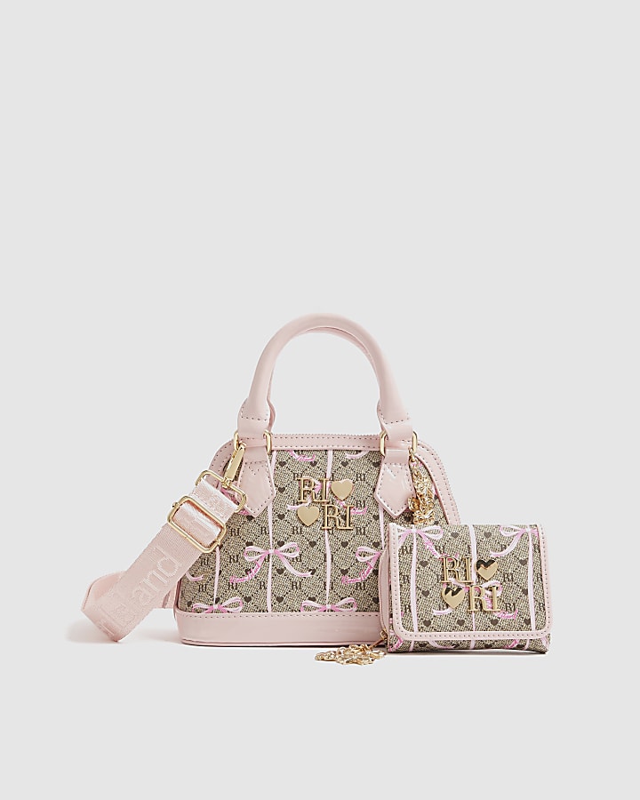 Girls Brown Monogram Bow Bag and Purse Bundle