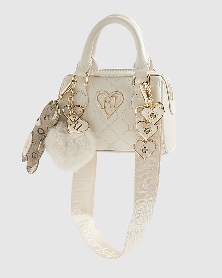 Girls Cream Mini Bowler Bag And Charms