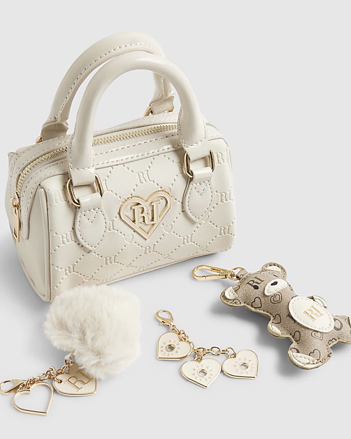 Girls Cream Mini Bowler Bag And Charms