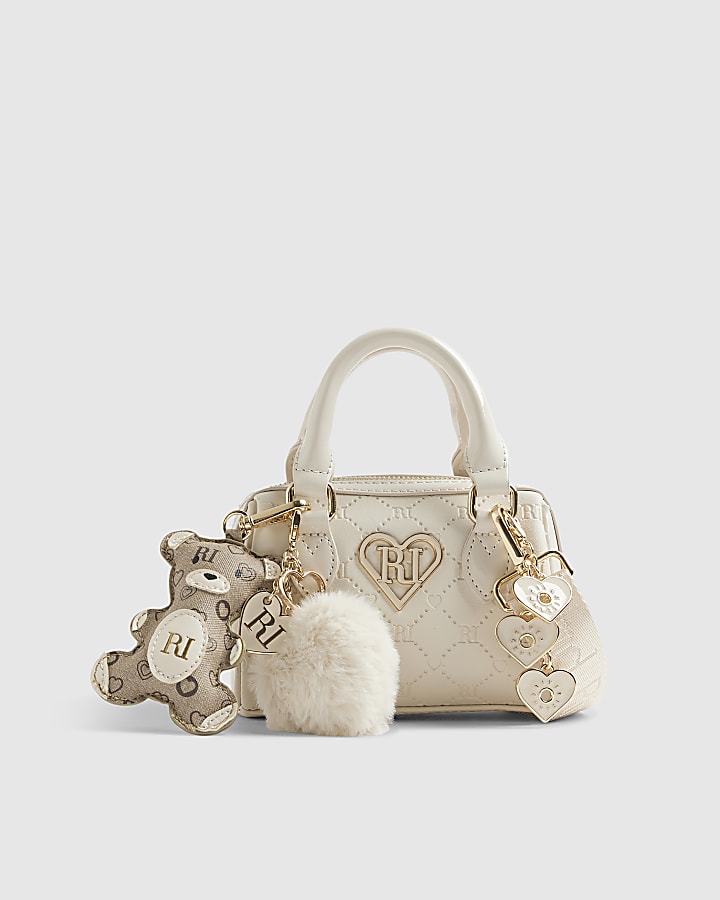 Girls Cream Mini Bowler Bag And Charms