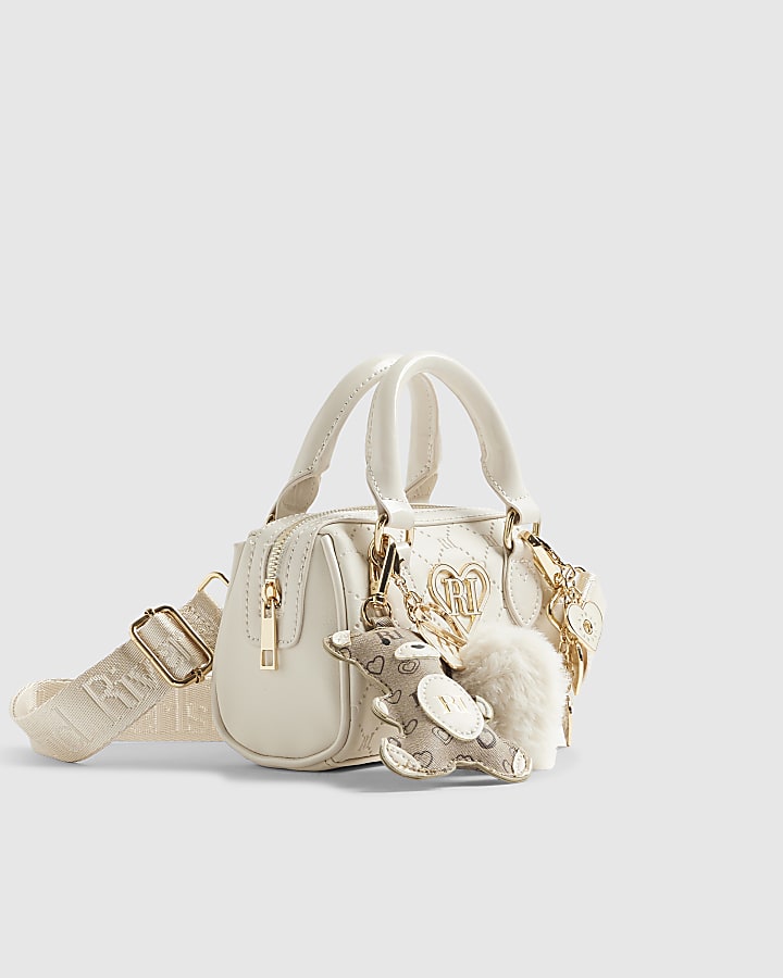 Girls Cream Mini Bowler Bag And Charms