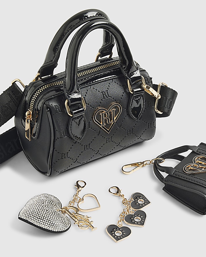 Girls Black Mini Bowler Bag And Charms