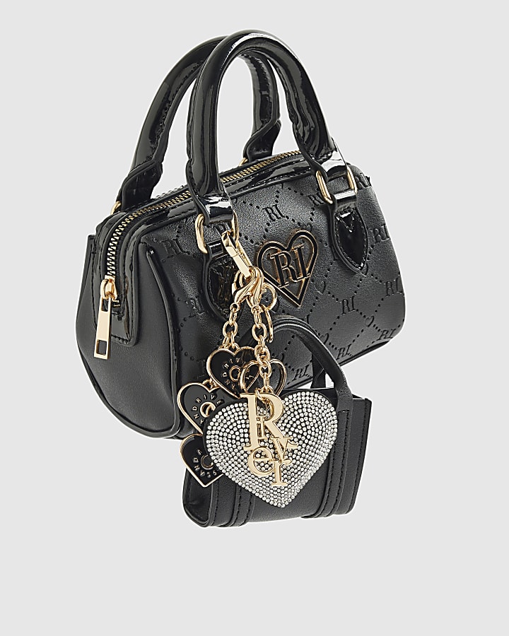 Girls Black Mini Bowler Bag And Charms