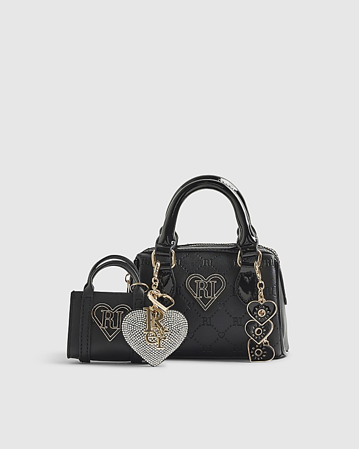 Girls Black Mini Bowler Bag And Charms