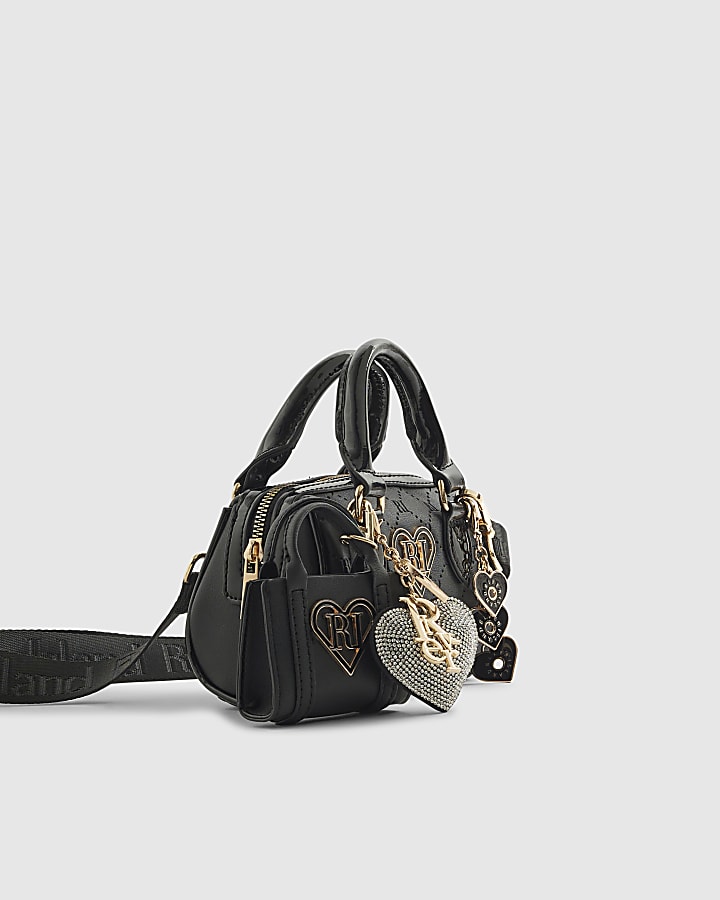 Girls Black Mini Bowler Bag And Charms