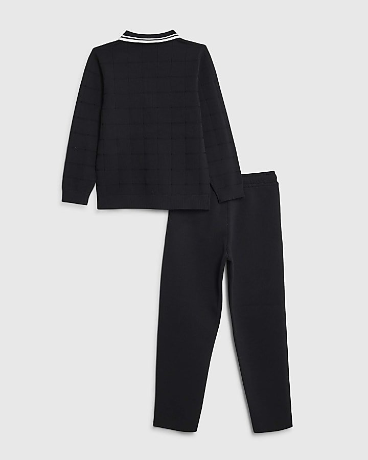Boys Black Textured Check Polo Shirt Set