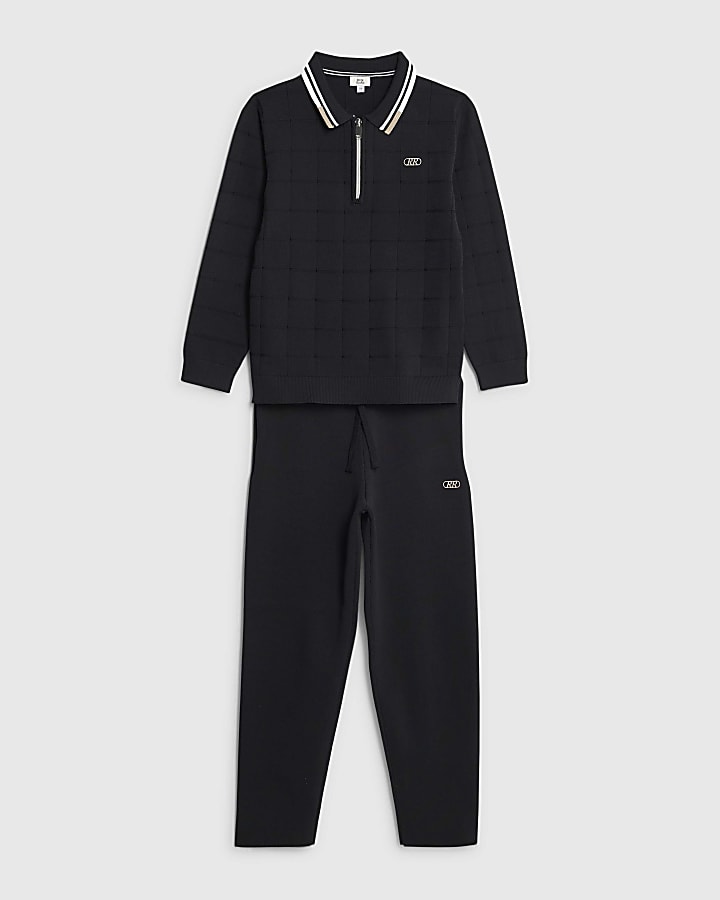 Boys Black Textured Check Polo Shirt Set