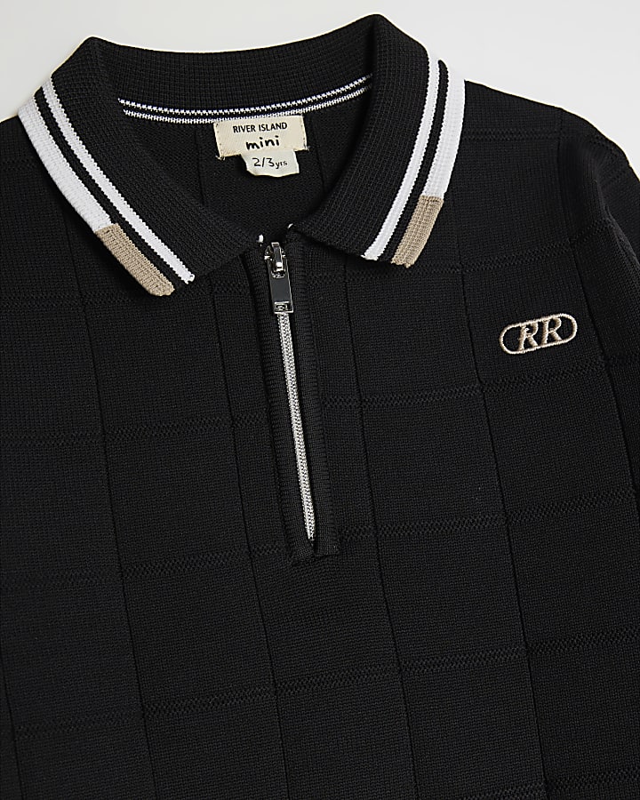Mini Boys Black Textured Check Polo Shirt Set