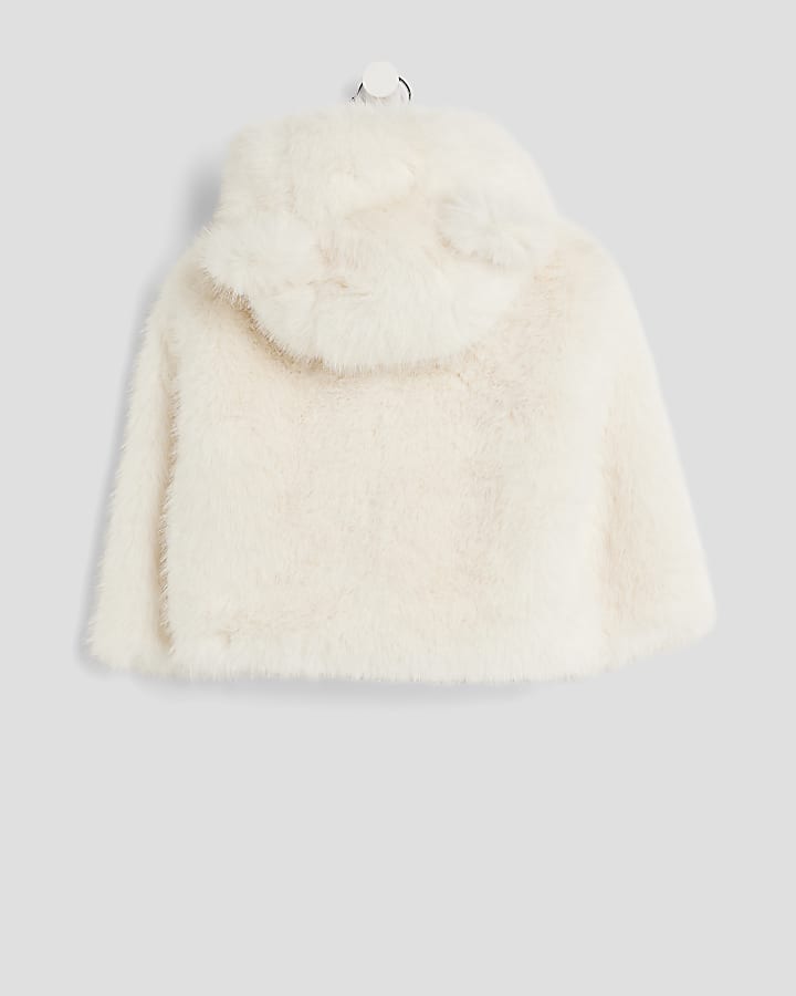 Mini Girls Cream Faux Fur Jacket With Ears