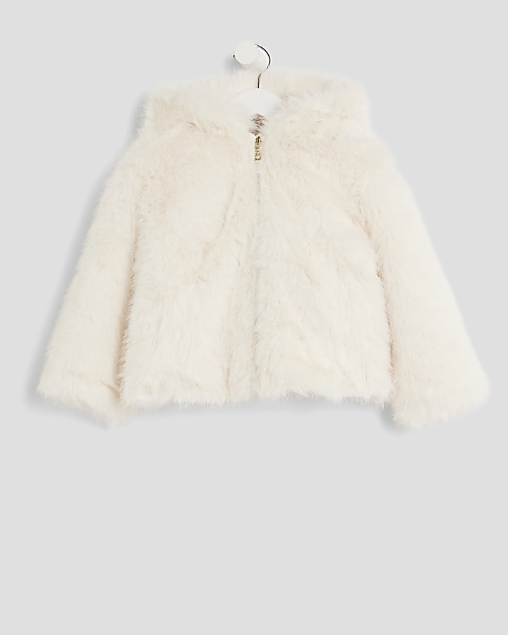 Mini Girls Cream Faux Fur Jacket With Ears