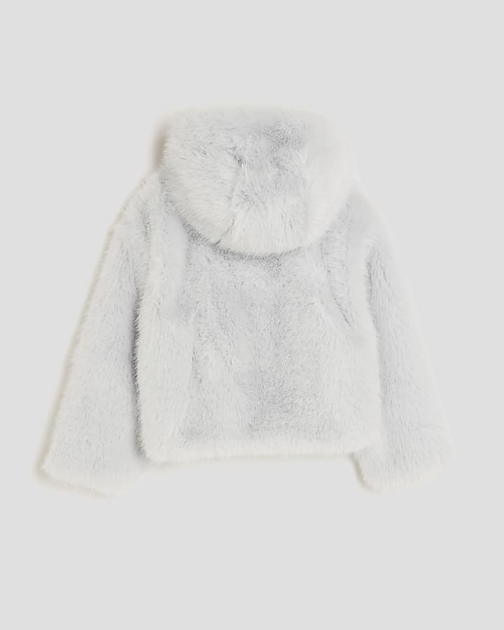 Girls Cream Faux Fur Bomber Jacket