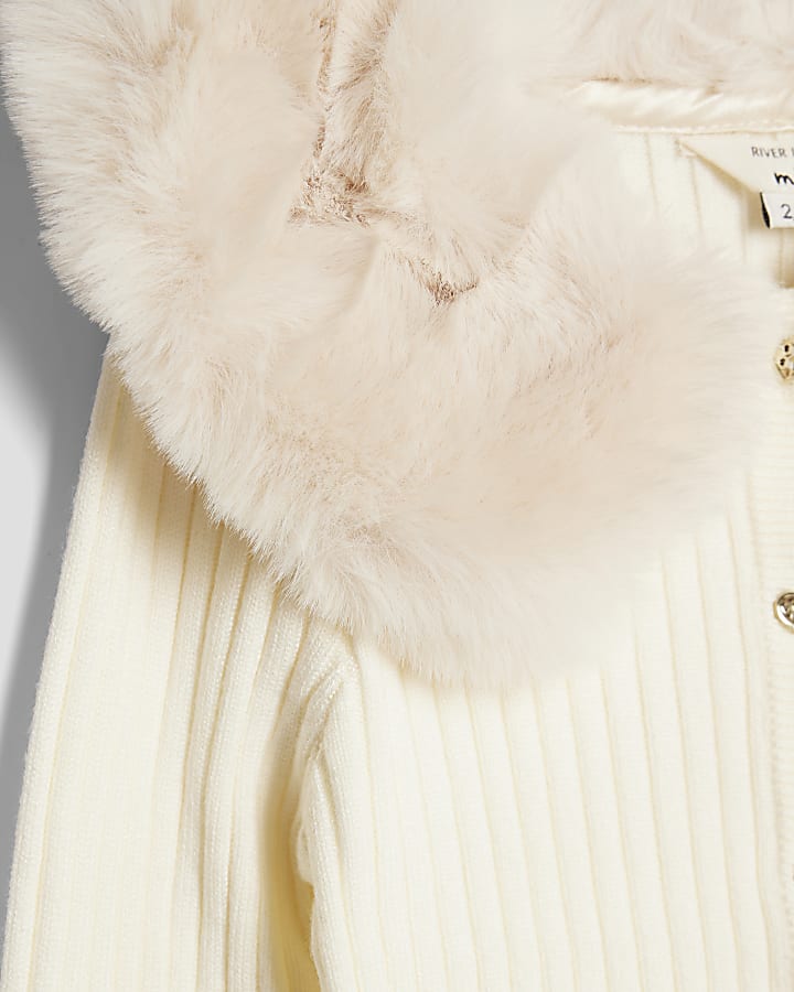 Mini Girls Cream Faux Fur Collar Cardigan Set
