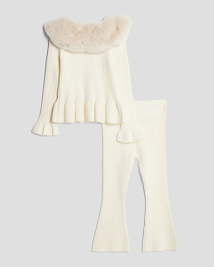 Mini Girls Cream Faux Fur Collar Cardigan Set