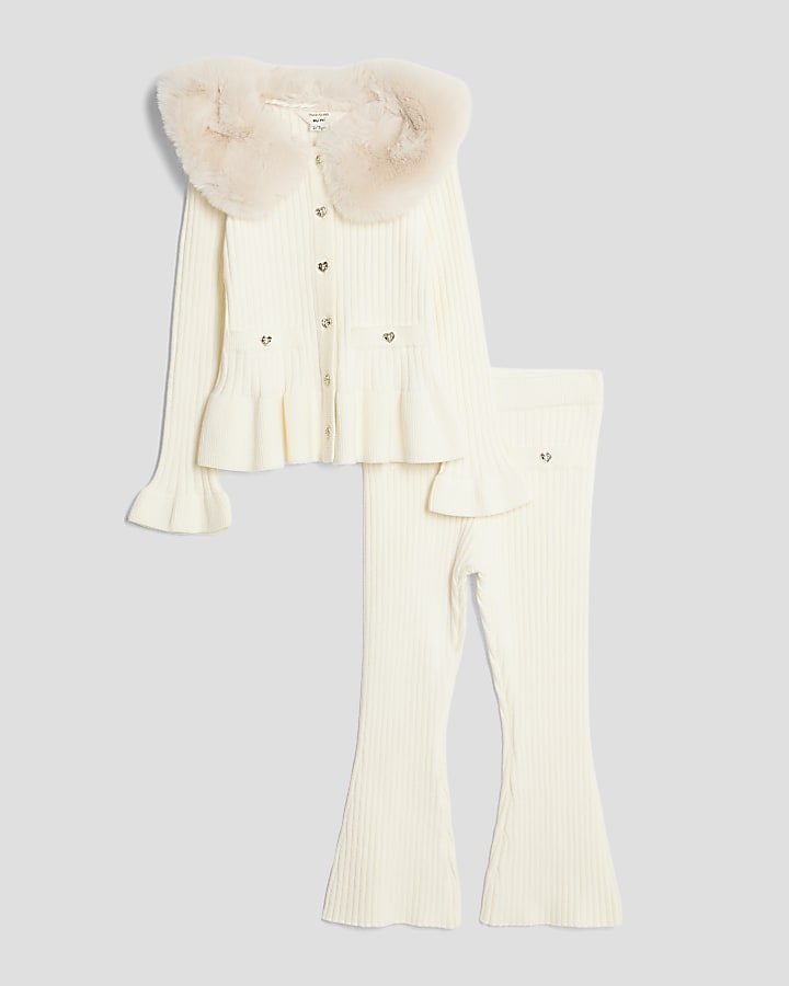Mini Girls Cream Faux Fur Collar Cardigan Set