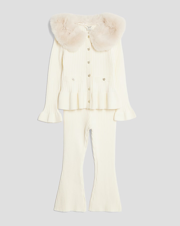 Mini Girls Cream Faux Fur Collar Cardigan Set