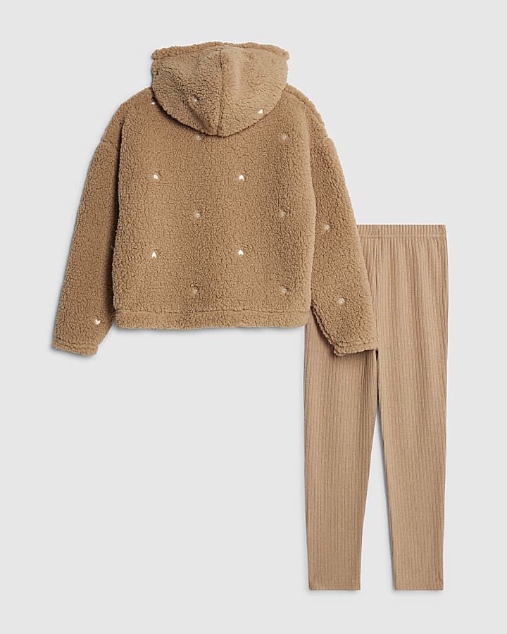 Girls Beige Borg Heart Loungewear Set