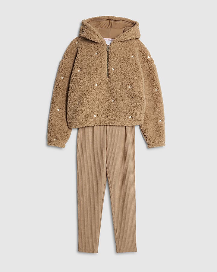 Girls Beige Borg Heart Loungewear Set