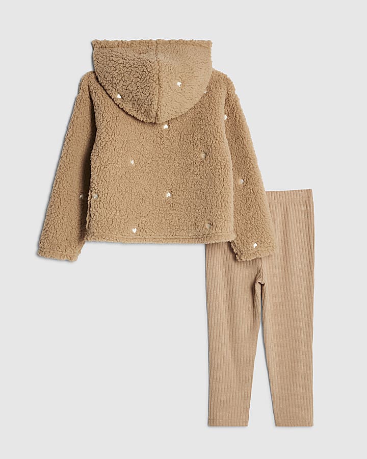 Mini Girls Beige Borg Heart Loungewear Set