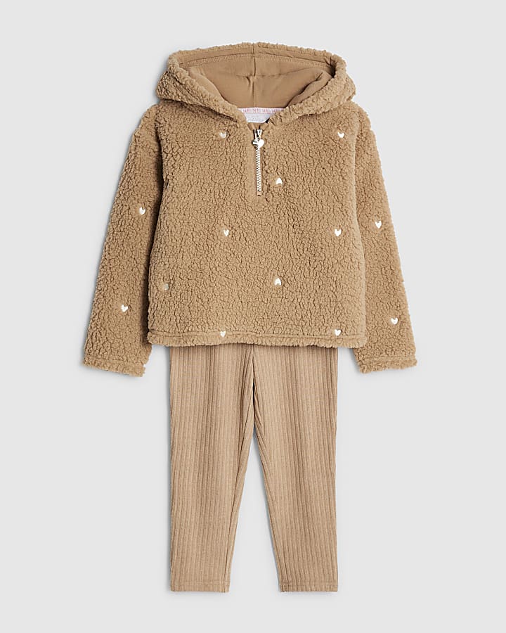 Mini Girls Beige Borg Heart Loungewear Set