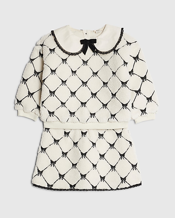 Mini Girls Cream Bow Borg Sweatshirt Set