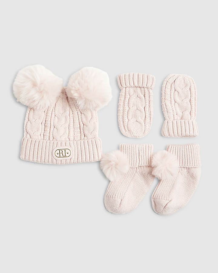 Baby Girls Pink Beanie 3 Piece Bundle