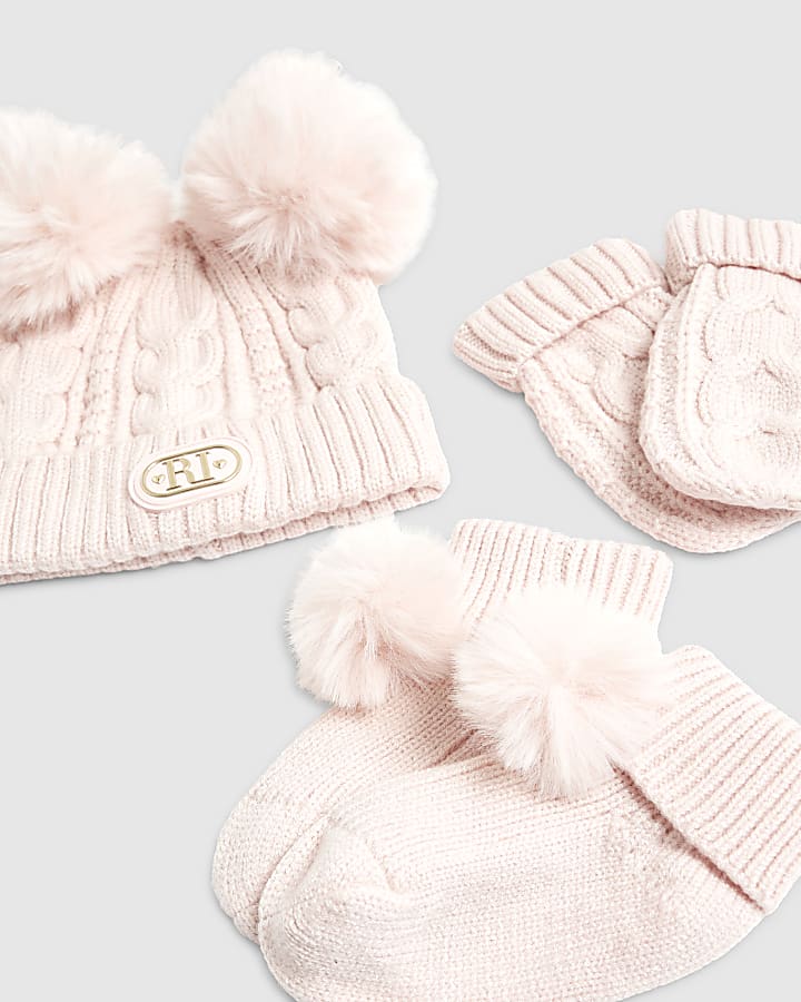 Baby Girls Pink Beanie 3 Piece Bundle