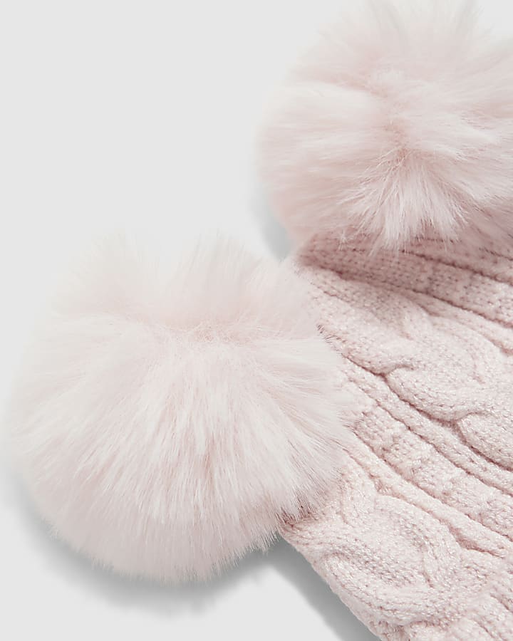 Baby Girls Pink Double Pom Bow Beanie Hat