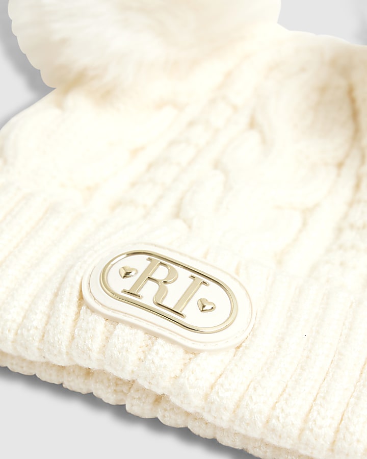Baby Cream Double Pom Bow Beanie Hat