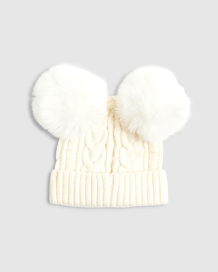 Baby Cream Double Pom Bow Beanie Hat