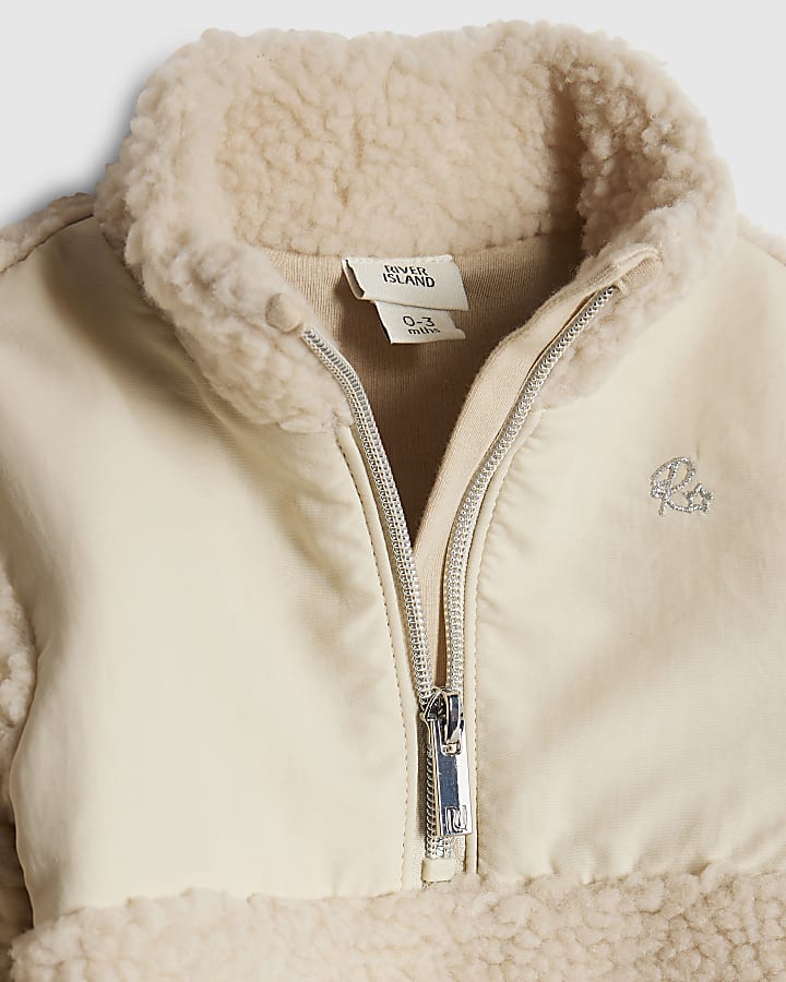 Baby Boys Beige Zip Neck Borg Jacket Set