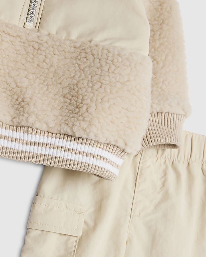 Baby Boys Beige Zip Neck Borg Jacket Set