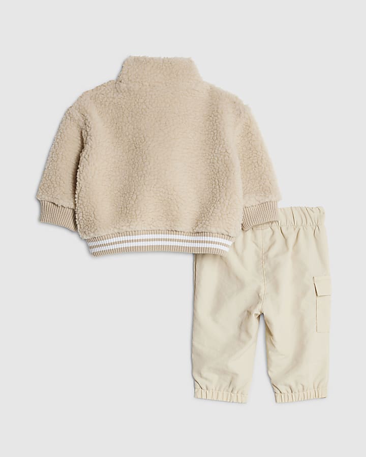 Baby Boys Beige Zip Neck Borg Jacket Set