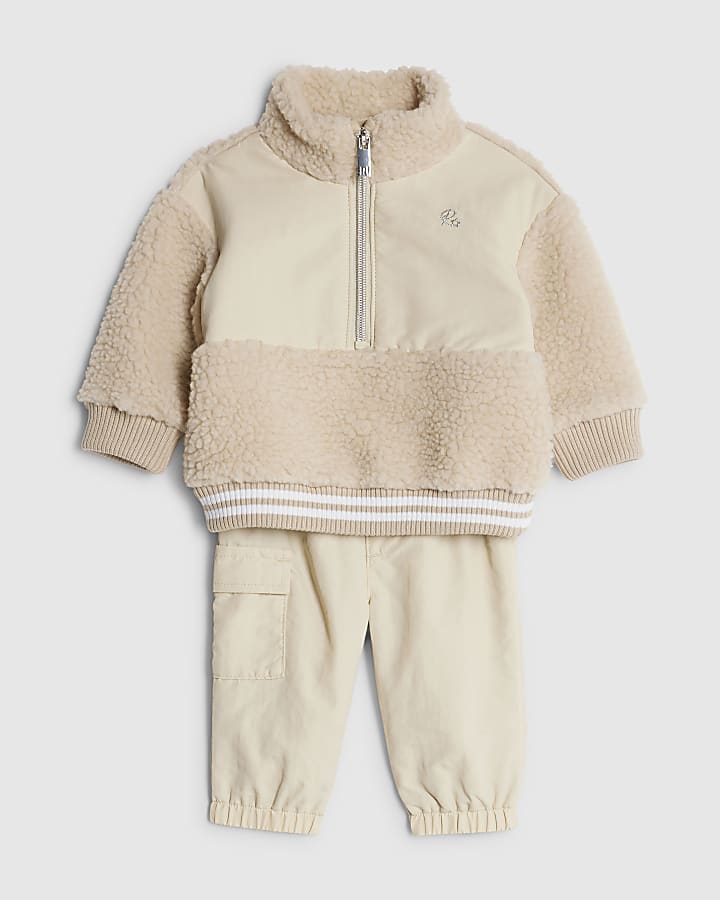 Baby Boys Beige Zip Neck Borg Jacket Set