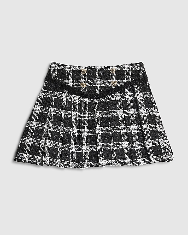 Girls Black Check Pleated Boucle Skirt