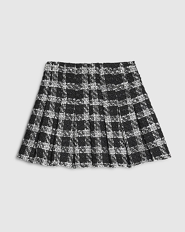 Girls Black Check Pleated Boucle Skirt