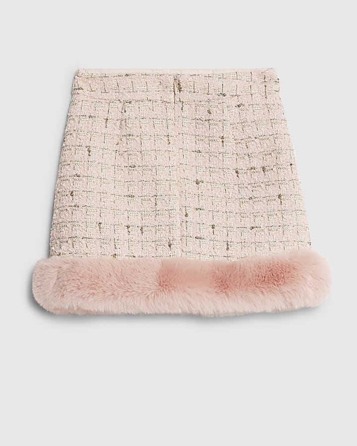 Girls Pink Faux Fur Hem Boucle Skirt